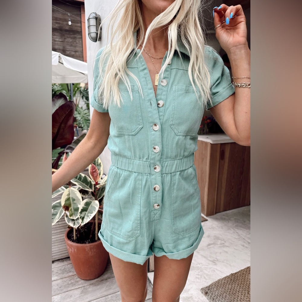 Show Me Your Mumu Cannon Romper- Mint Denim